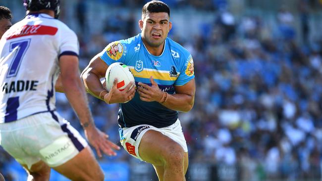 David Fifita of the Titans makes a run during the round three NRL match between the Gold Coast Titans and the Melbourne Storm at Cbus Super Stadium on March 18, 2023 in Gold Coast, Australia. (Photo by Jono Searle/Getty Images)