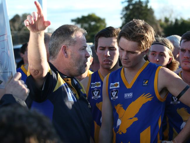 Somerville coach Brad Canavan revs up his players in 2019. Picture: David Crosling