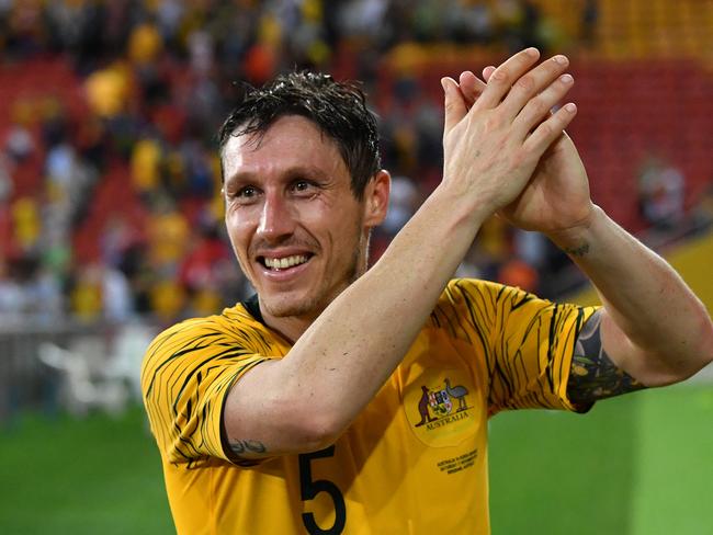 Mark Milligan of the Socceroos is seen reacting at the end of the International friendly match between Australia and the Korea Republic at Suncorp Stadium, in Brisbane, Saturday, November 17, 2018. (AAP Image/Darren England) NO ARCHIVING, EDITORIAL USE ONLY