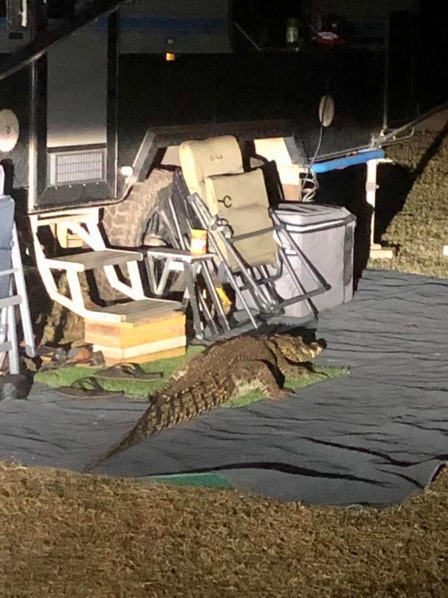 Dundee Beach Holiday Park shared photos of a 1.5m croc waiting outside a couple’s caravan door on Tuesday August 2.