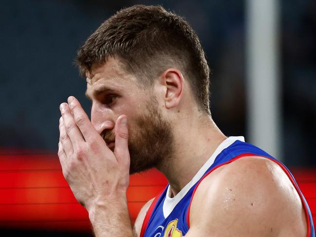 MELBOURNE, AUSTRALIA - AUGUST 20: Marcus Bontempelli of the Bulldogs looks dejected after a loss during the 2023 AFL Round 23 match between the Western Bulldogs and the West Coast Eagles at Marvel Stadium on August 20, 2023 in Melbourne, Australia. (Photo by Michael Willson/AFL Photos via Getty Images)