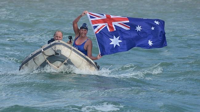 Chloe McCardel after completing her 20th Channel crossing. Picture: Facebook