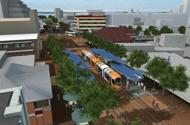 <p>2008: Artist’s impression of a light rail Rapid Transit System on the Gold Coast. View from the Courthouse Hotel looking east down Nerang Street and the Southport Mall.</p>