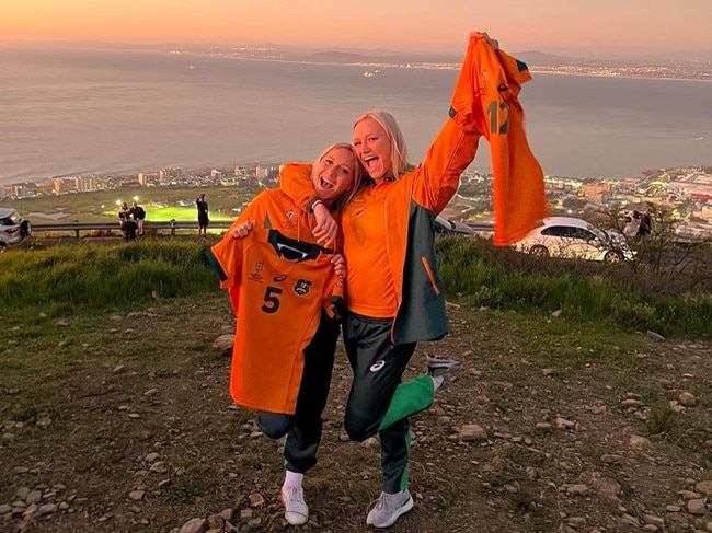 Sisters Teagan (left) and Maddison Levi after winning the 2022 Rugby World Cup Sevens in South Africa. Picture: Supplied.