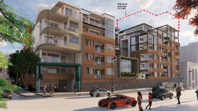 The old Conservatorium of Music at 5-7 Sandy Bay Road development application artists impressions showing the reduction in height by approximately 6.2m, from 33.2m to approximately 27m. The red dotted line shows the previously proposed height. Design: IRENEINC PLANNING &amp; URBAN DESIGN