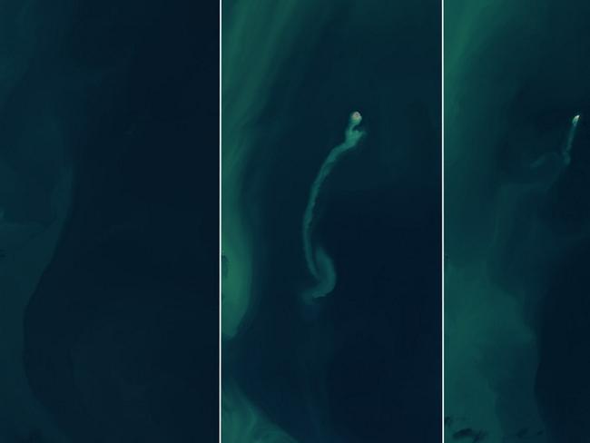 ONE TIME WEB USE FOR NEWS.COM.AU ONLY - FEES APPLY -  The 'ghost island' area about 25 km (15 miles) off the eastern coast of Azerbaijan shown from left to right, November 18, 2022 - December 25, 2024.      Satellites have spotted a 'ghost' Island. The landmass emerged from the Caspian Sea after a mud volcano erupted in early 2023. By the end of the following year, it had nearly eroded away, retreating from view "like an apparition," says NASA Earth Observatory. Powerful eruptions of the Kumani Bank mud volcano have produced similar transient islands several times since its first recorded eruption in 1861. Also known as Chigil-Deniz, the feature is located about 25 km (15 miles) off the eastern coast of Azerbaijan.