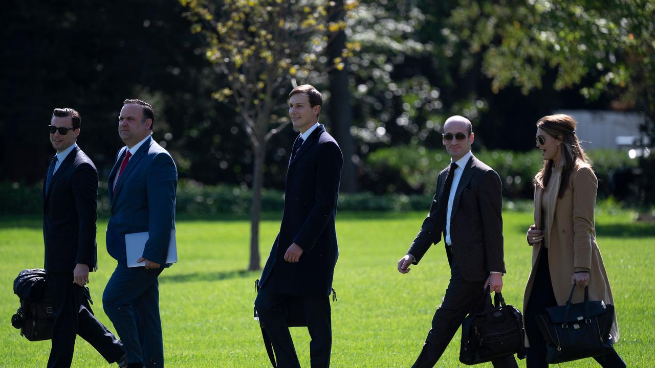 Assistant to the President and Director of Oval Office Operations Nicholas Luna, Assistant to the President and Deputy Chief of Staff for Communications Dan Scavino, Senior Adviser to the President of the United States Jared Kushner, Senior Adviser to the President Stephen Miller, and counsellor to President Hope Hicks walk to Marine One on September 30, the day Ms Hicks started showing coronavirus symptoms. Picture: Andrew Caballero-Reynolds/AFP