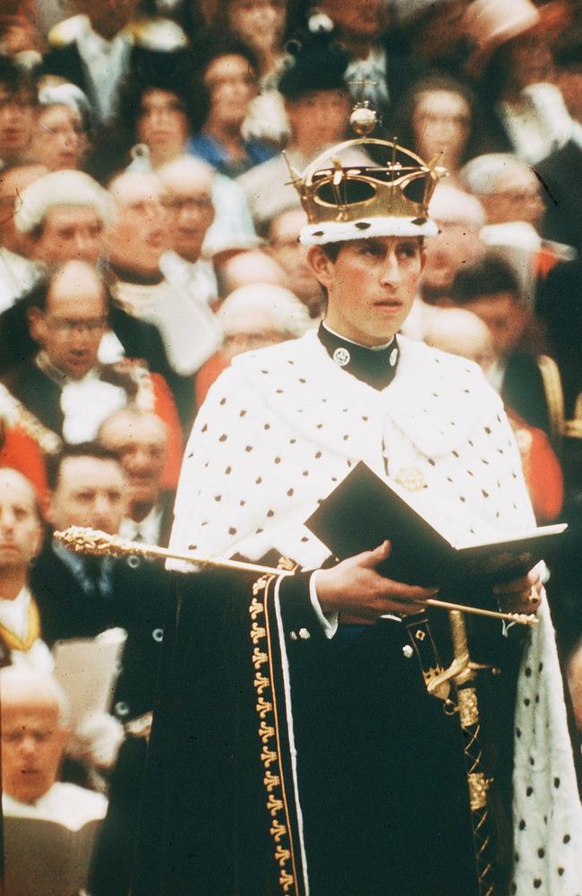 The then Prince Charles, wearing the gold coronet of the Prince of Wales, looks on at his investiture as Prince of Wales on July 1, 1969. Picture: Anwar Hussein/Getty Images