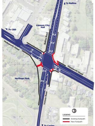 A map of the proposed safety improvements for the Bruxner Highway intersection with Molesworth Street at Lismore, drafted to ease congestion, reduce travel times, ensure safety for pedestrians and cyclists and complement future planning for the Bruxner Highway through Lismore.