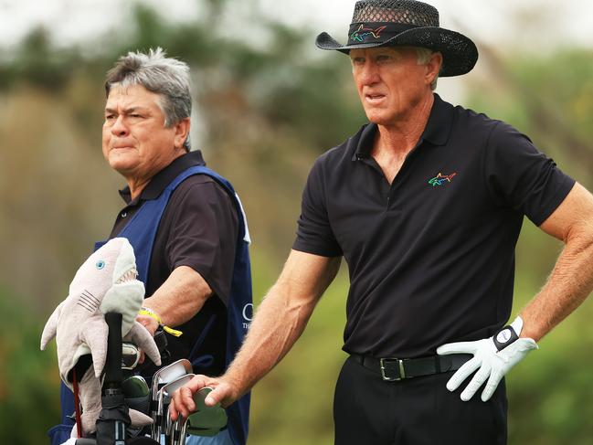 Greg Norman of Australia back in action.