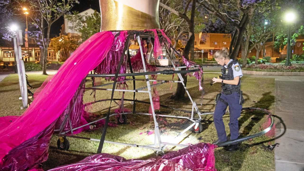 The damaged remains of the Kewpie doll "Jacaranda Jill” set alight in Market Square. Picture: Adam Hourigan