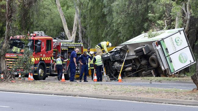 The truck was knocked off the road and into a tree. Picture: Bianca De Marchi