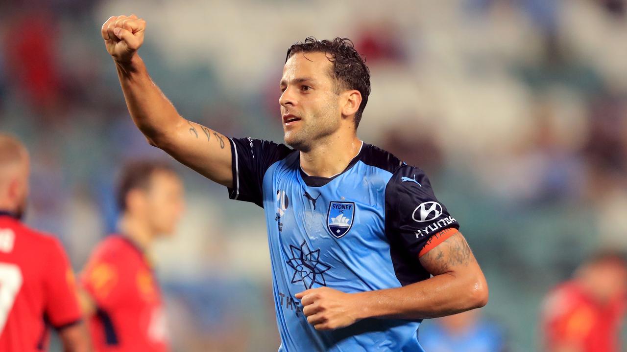 Bobo celebrates his second goal against Adelaide United.