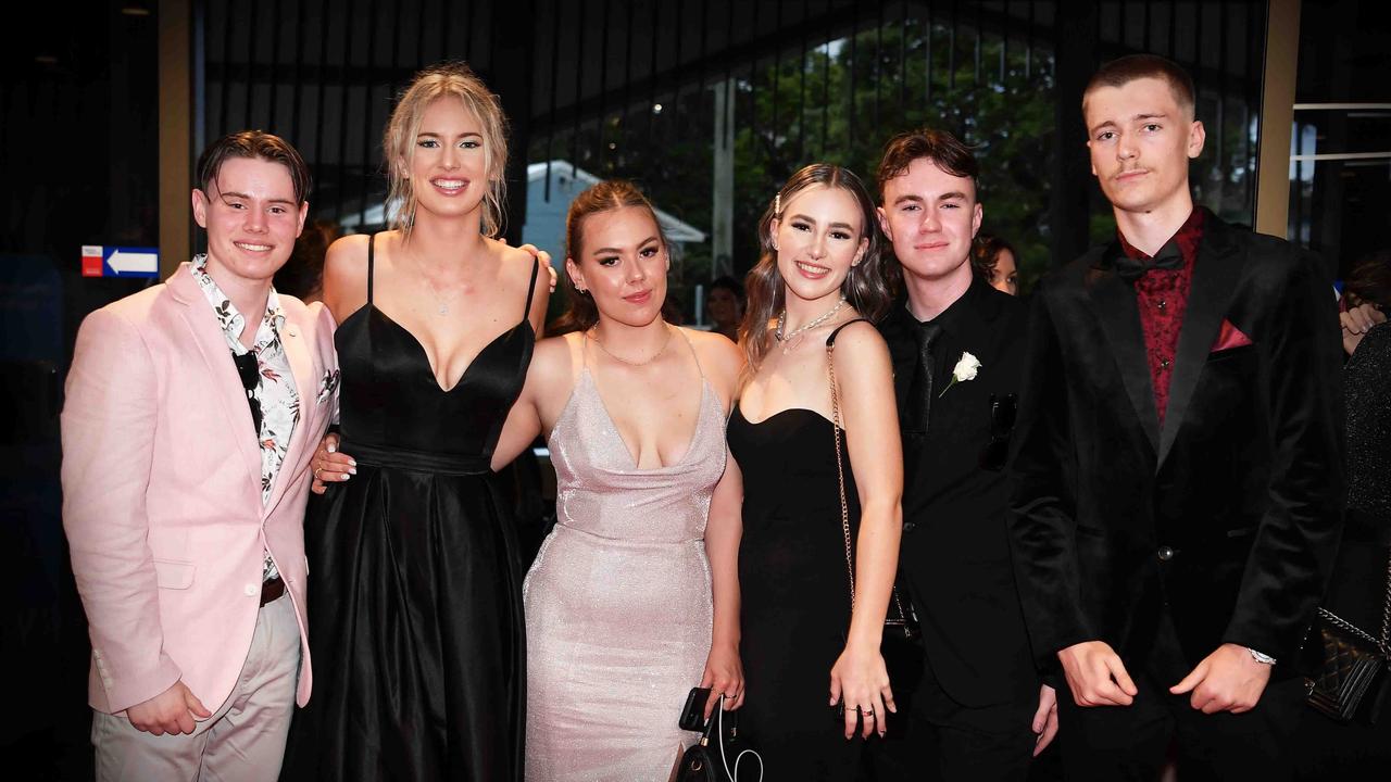 Cameron, Brywn, Amarli, Andie, Ryan and Indi at Caloundra State High School formal. Picture: Patrick Woods.