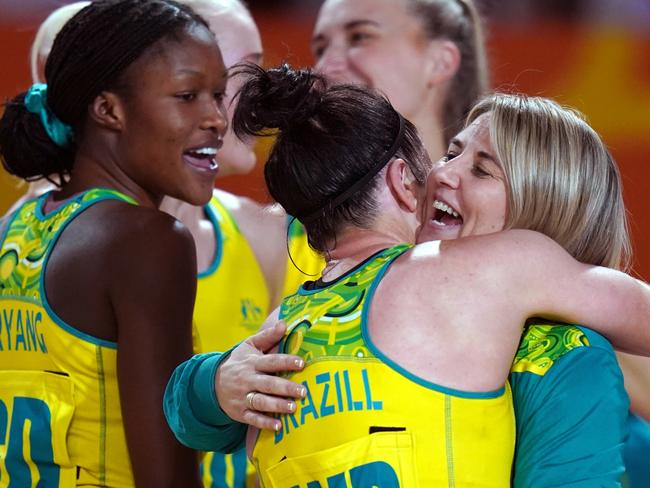 Australia coach Stacey Marinkovich (centre) celebrates with Ashleigh Brazill after the Netball - Semi-Final at The NEC Arena on day nine of the 2022 Commonwealth Games in Birmingham. Picture date: Saturday August 6, 2022. (Photo by Jacob King/PA Images via Getty Images)