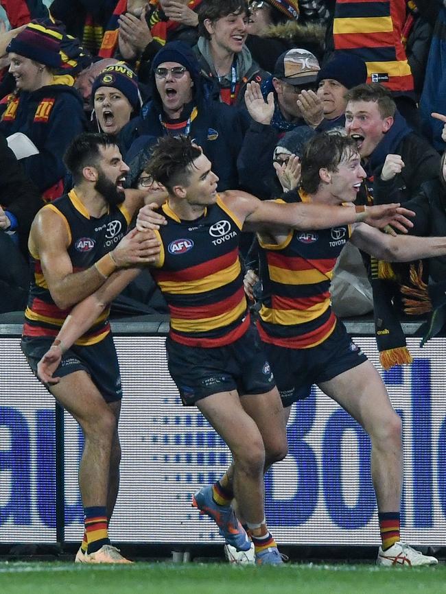 Ben Keays celebrates that non-goal on Saturday night. Picture: Mark Brake/Getty Images