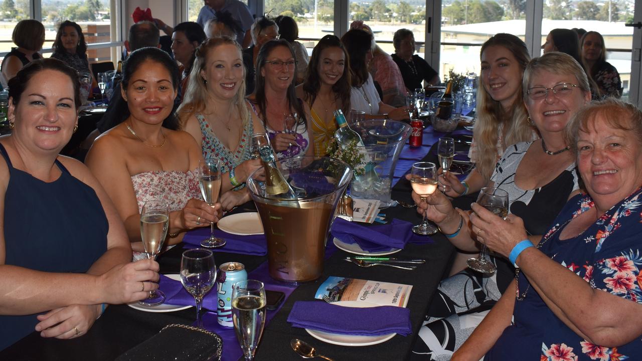 (Left) Elouise Bell, Carol Lynch, Georgia Bell, Rachel Ambrosetti, Heidi Robertson, (right) Kim Pitkin, Mandy Robinson andTiahna Boag at the Gympie Times Ladies Race Day 2021. Photo: Elizabeth Neil