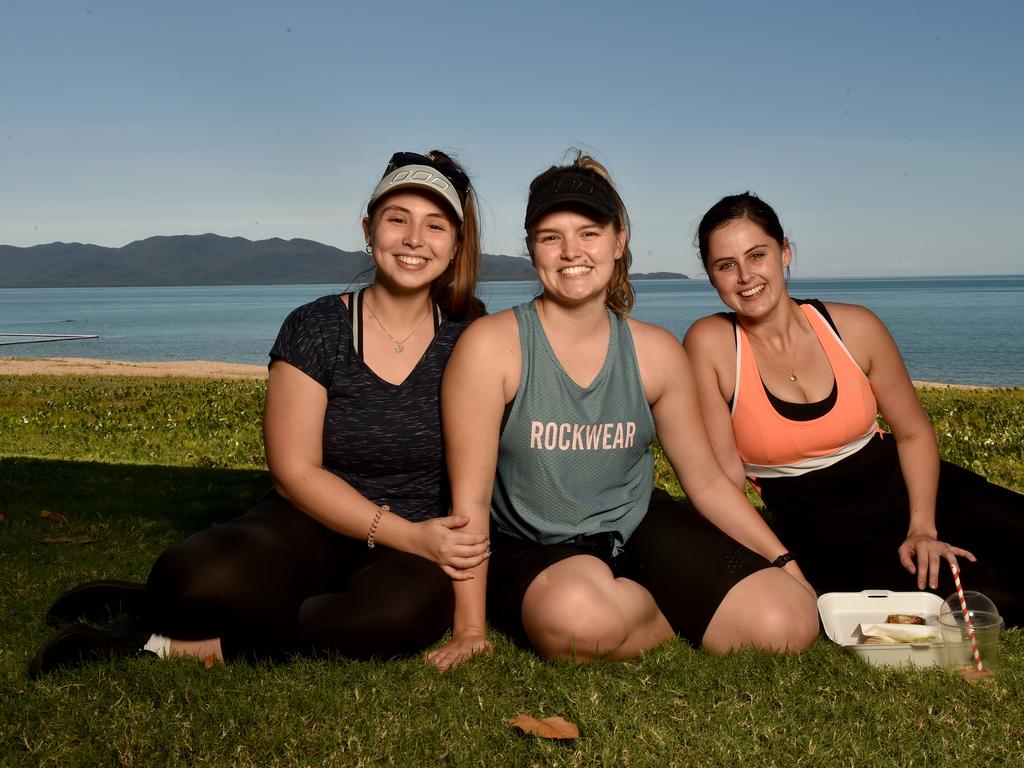 Townsville residents relaxing on the Strand after the relaxation of COVID-19 restrictions. Housemates Abigail Cousins, Sydnee Baskett and Renee Francis from Douglas. Picture: Evan Morgan