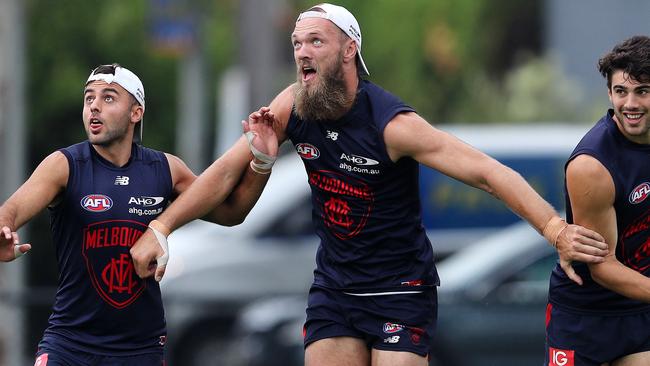 Max Gawn in action at Melbourne training. Picture: Michael Klein