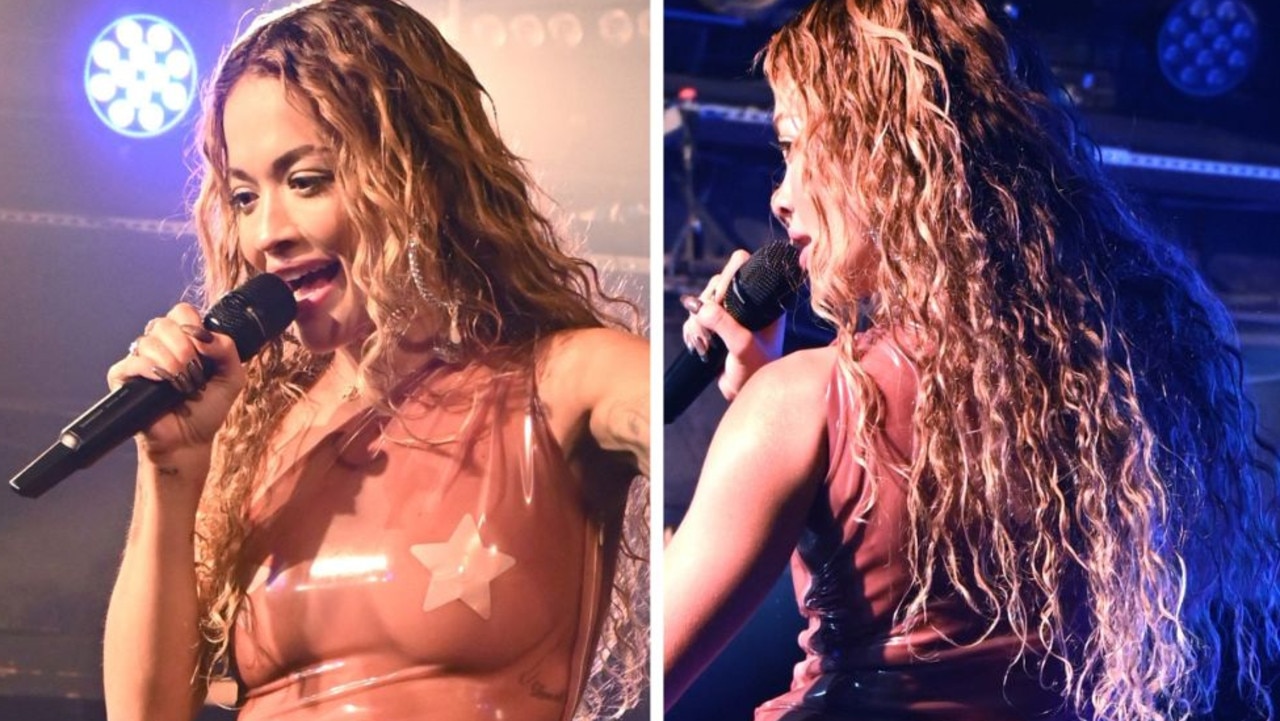 Rita Ora stunned fans in her see-through latex dress. Picture: Dave J Hogan/Getty Images