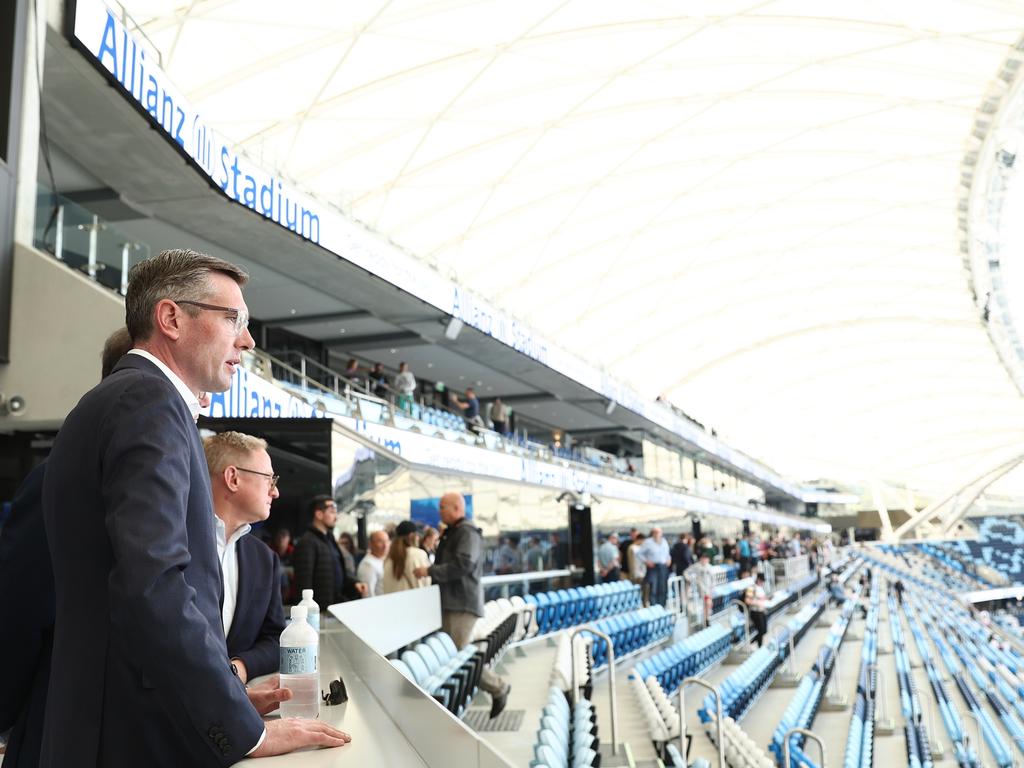 Mr Perrottet looks out onto the Stadium as people begin to arrive on Sunday morning. Picture: Getty