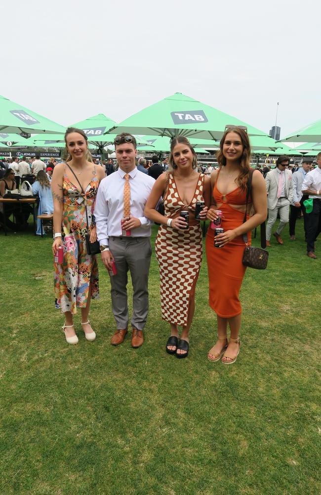 Jorgi, Mikayla, Courtney and Nathan at Seppelt Wines Stakes Day 2024 at Flemington Racecourse. Picture: Gemma Scerri