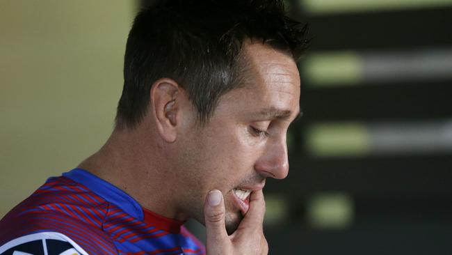 Mitchell Pearce gives a statement at a press conference before a training session in Newcastle.