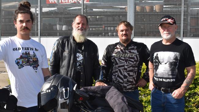 Cameron Adams, Mackay, Henry Deurhof, of Seaforth, Jerremy Mann, Mackay, and Terry White, Mackay, at the Mackay Black Dog Ride 2022, Sunday, March 20, 2022. Picture: Tara Miko