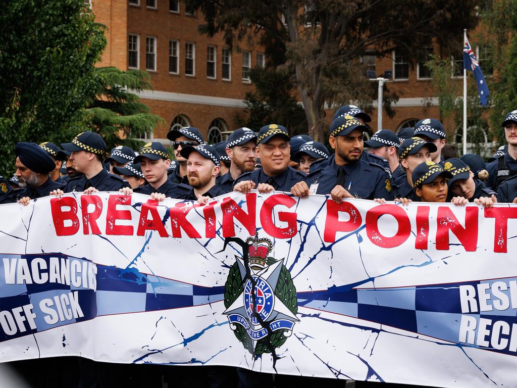 Victorian Police stage a walkout protest at the Police Academy in Glen Waverley over ongoing industrial relations pay disputes. Picture: Nadir Kinani