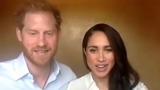 Prince Harry and Meghan Markle on the conference call with young Commonwealth leaders. Picture: Queen's Commonwealth Trust