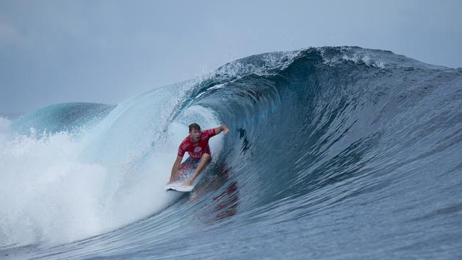 Taj Burrow on the way to winning his first round heat during round one of the Fiji Pro at Cloudbreak yesterday.