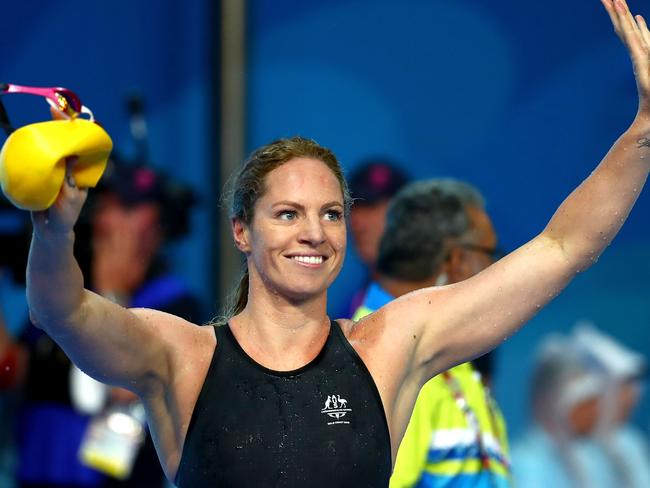 Emily Seebohm of Australia celebrates victory in the Women's 50m Backstroke Final