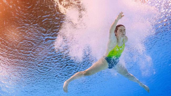 An underwater view shows Maddison Keeney competing in the women's 3m springboard diving final. Picture: AFP