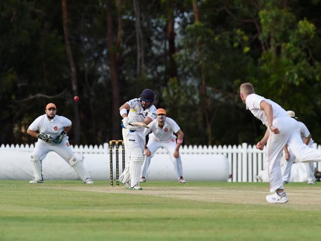 Kookaburra Cup cricket - Southport Labrador vs. Runaway Bay at Morrie Glasman Oval in Arundel. Matt Madeley bowling to Ollie McGee. Picture: Lawrence Pinder