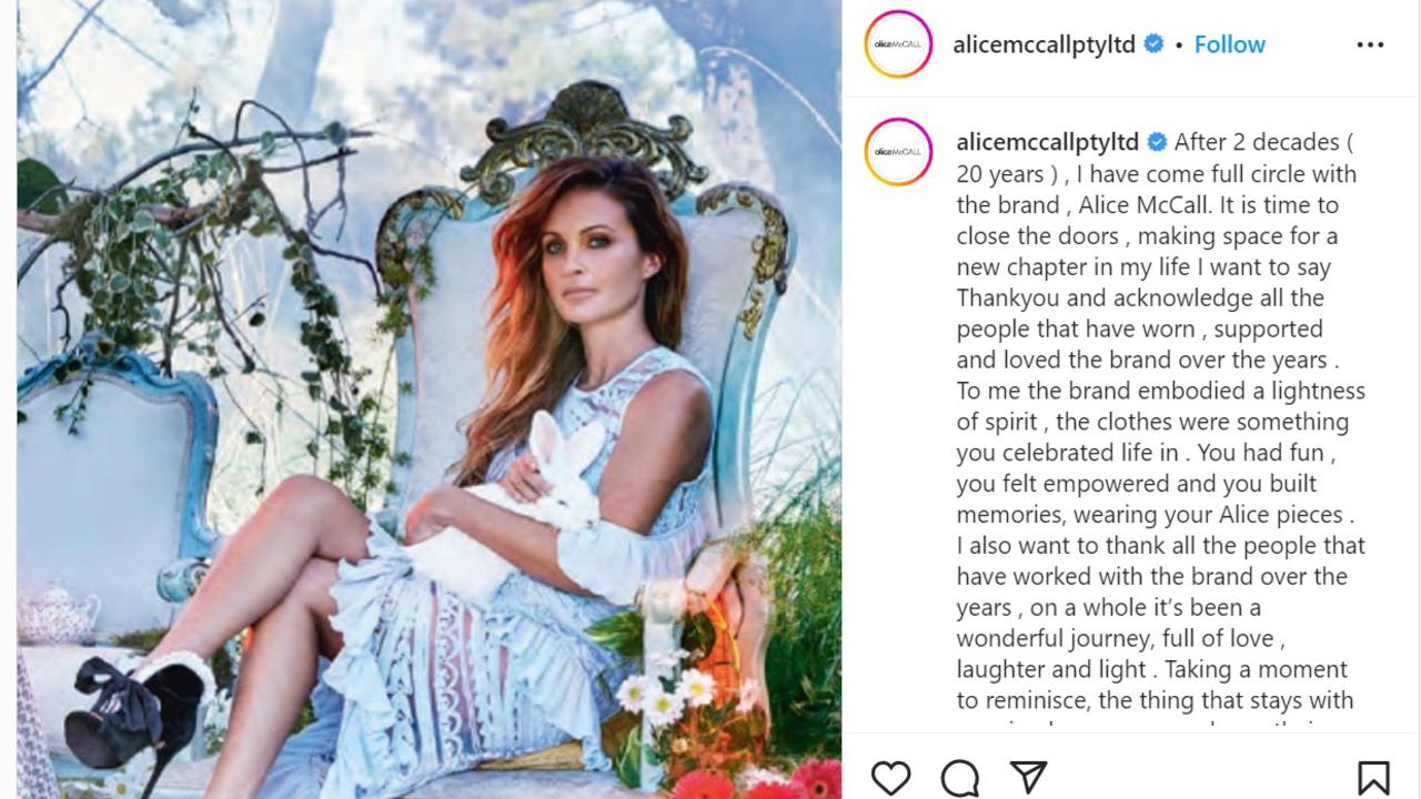 The Instagram post announcing Alice McCall will be shutting their doors.