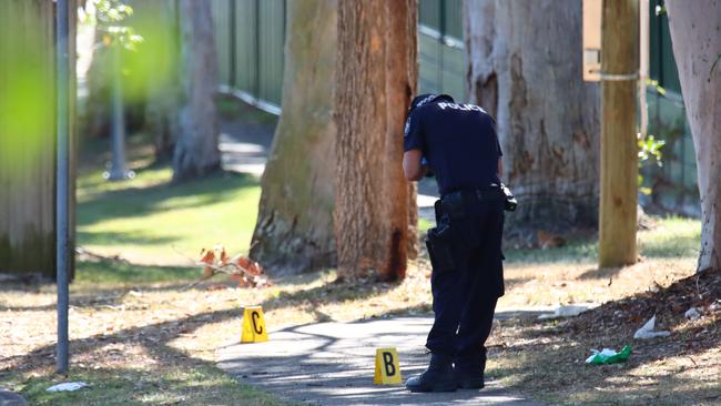 Police examine a laneway behind the scene of a stabbing. Photo: David Clark