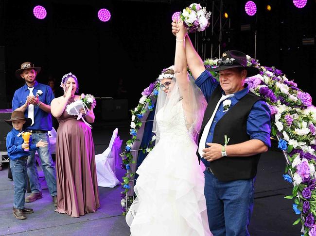 Simone Ward and Geoffrey Borninkhof, were married on The Hill Stage at Gympie Music Muster. Picture: Patrick Woods.