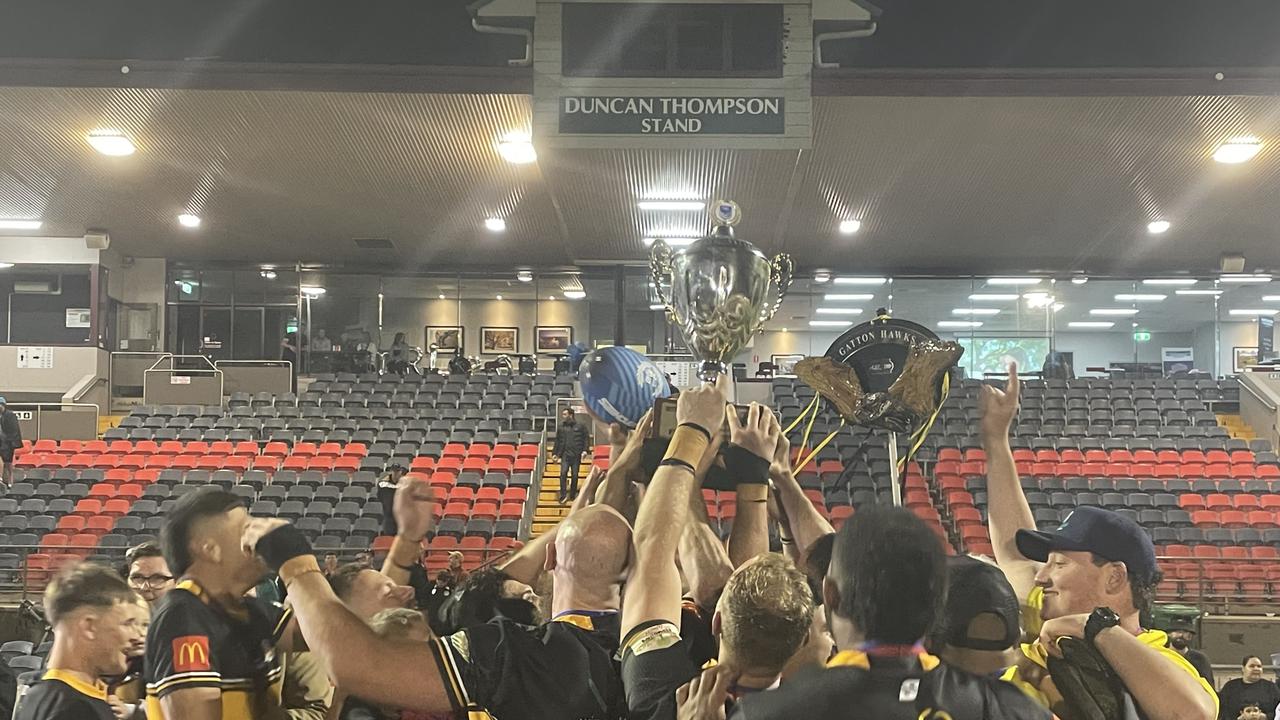 Gatton Hawks celebrate the 2024 Toowoomba Rugby League grand final win.