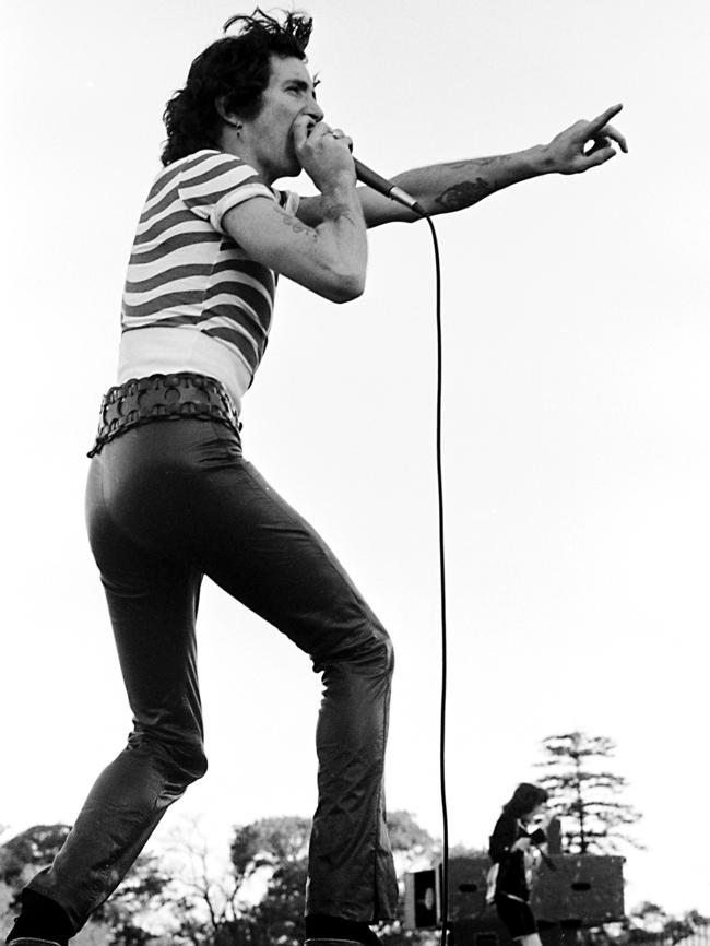 Bon Scott on stage in 1976. Picture: File