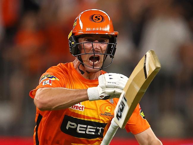 PERTH, AUSTRALIA - FEBRUARY 04: Nick Hobson of the Scorchers celebrates after hitting the winning runs during the Men's Big Bash League Final match between the Perth Scorchers and the Brisbane Heat at Optus Stadium, on February 04, 2023, in Perth, Australia. (Photo by Paul Kane/Getty Images)