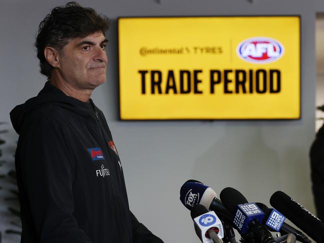 MELBOURNE , AUSTRALIA. October 9 , 2023. AFL Trade Period.  Adrian Dodoro, General Manager - List & Recruiting of the Bombers speaks with media during The 2023 AFL Trade Period at Marvel Stadium on October 09 , 2023 in Melbourne, Australia.   .Picture by Michael Klein