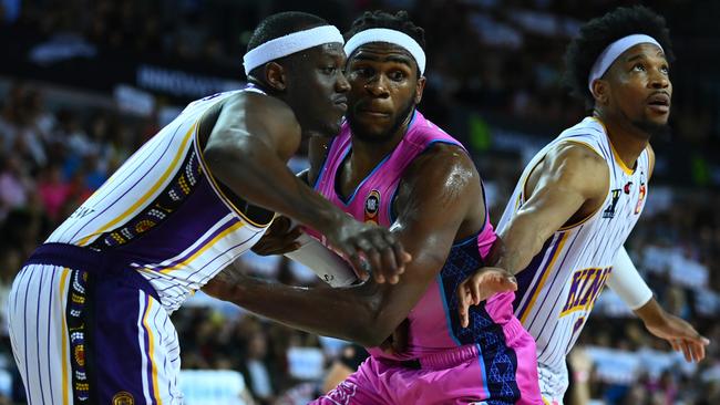 Jarrell Brantley (right) competes with Kouat Noi in a game where the Breakers won the foul count 20-17 and shot 26 free throws to the Kings’ 14. Picture: Getty Images