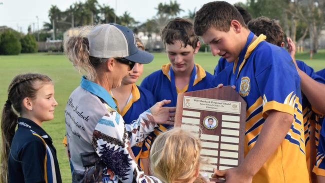 Will’s mother Kelly Murdoch and younger sister Kenzi (left) present Gilroy captain Shaun Devietti with the Will Murdoch Perpetual Shield. Photographs from the Will Murdoch Perpetual Shield. The annual U14 rugby league competition, in its second year, involved Gilroy Santa Maria College, Ingham State High School and St Teresa's Catholic College Abergowrie. Picture: Cameron Bates