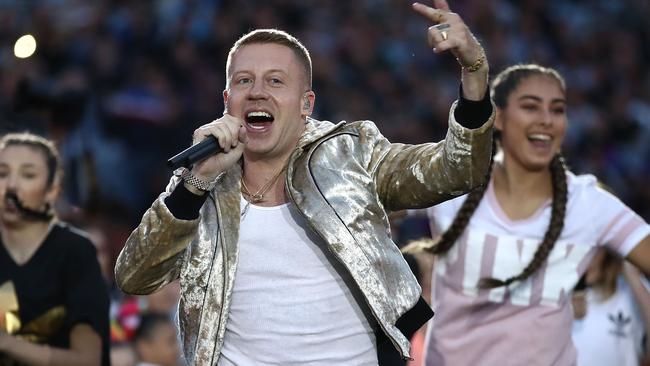 Macklemore performs before the 2017 NRL Grand Final.