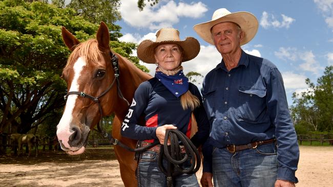 Horsemanship clinic operators Vicki and Geoff Toomby with JR at Wonderland Station. Picture: Evan Morgan