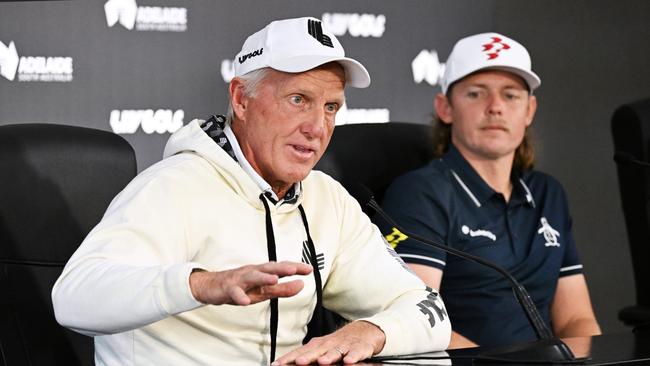 Greg Norman Commissioner and CEO of LIV Golf speaks during the press conference ahead of Liv Golf Adelaide. (Photo by Mark Brake/Getty Images)