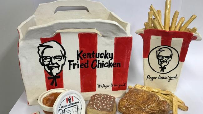 Brett Ferguson, of Frenchs Forest, created a replica ceramic KFC meal which is on display at Warringah Mall Library. Picture: Supplied.