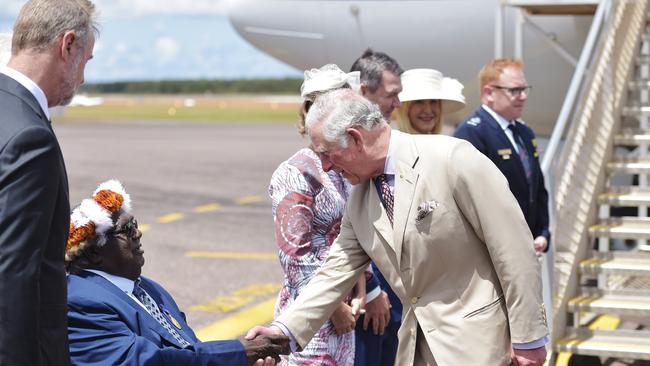 Gumatj Clan Leader Galarrwuy Yunupingu greets Royal Highness Prince Charles at Gove Airport. Picture: Keri Megelus