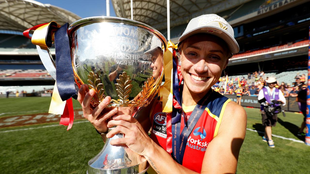 Erin Phillips will leave Adelaide after featuring in her third AFLW premiership. Picture: Dylan Burns/AFL Photos via Getty Images