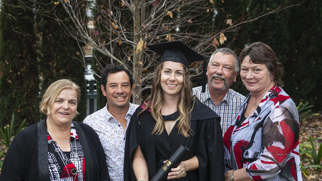 Associate Degree of Engineering graduate Diana Gudel with family (from left) Martina Gudel, Jared Macfarlane, Klaus Gudel and Margaret-Ann Gudel at a UniSQ graduation ceremony at The Empire, Tuesday, June 25, 2024. Picture: Kevin Farmer